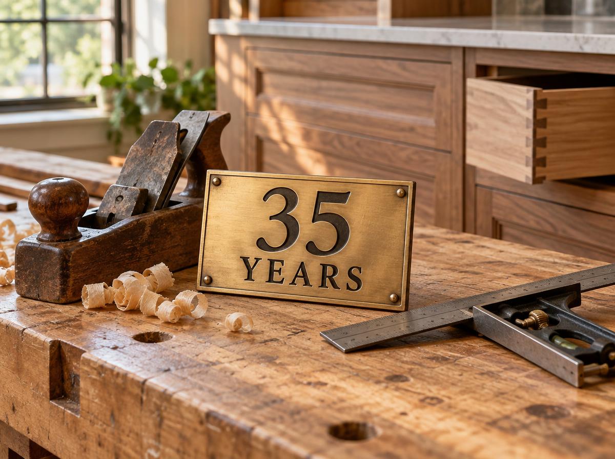 Thirty-five years milestone plaque with a traditional hand plane and combination square on a cabinetmaker's bench