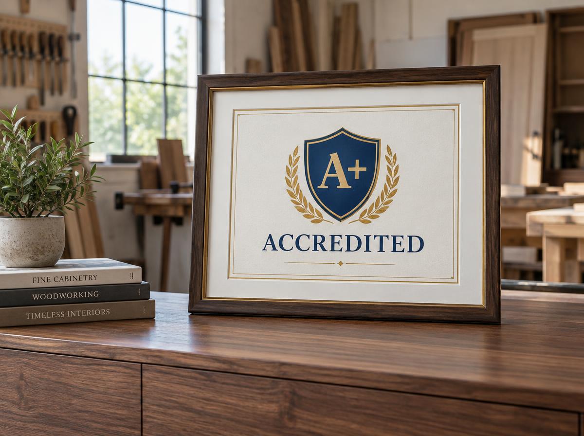Framed A+ Accredited certificate displayed on custom walnut cabinetry in a professional workshop