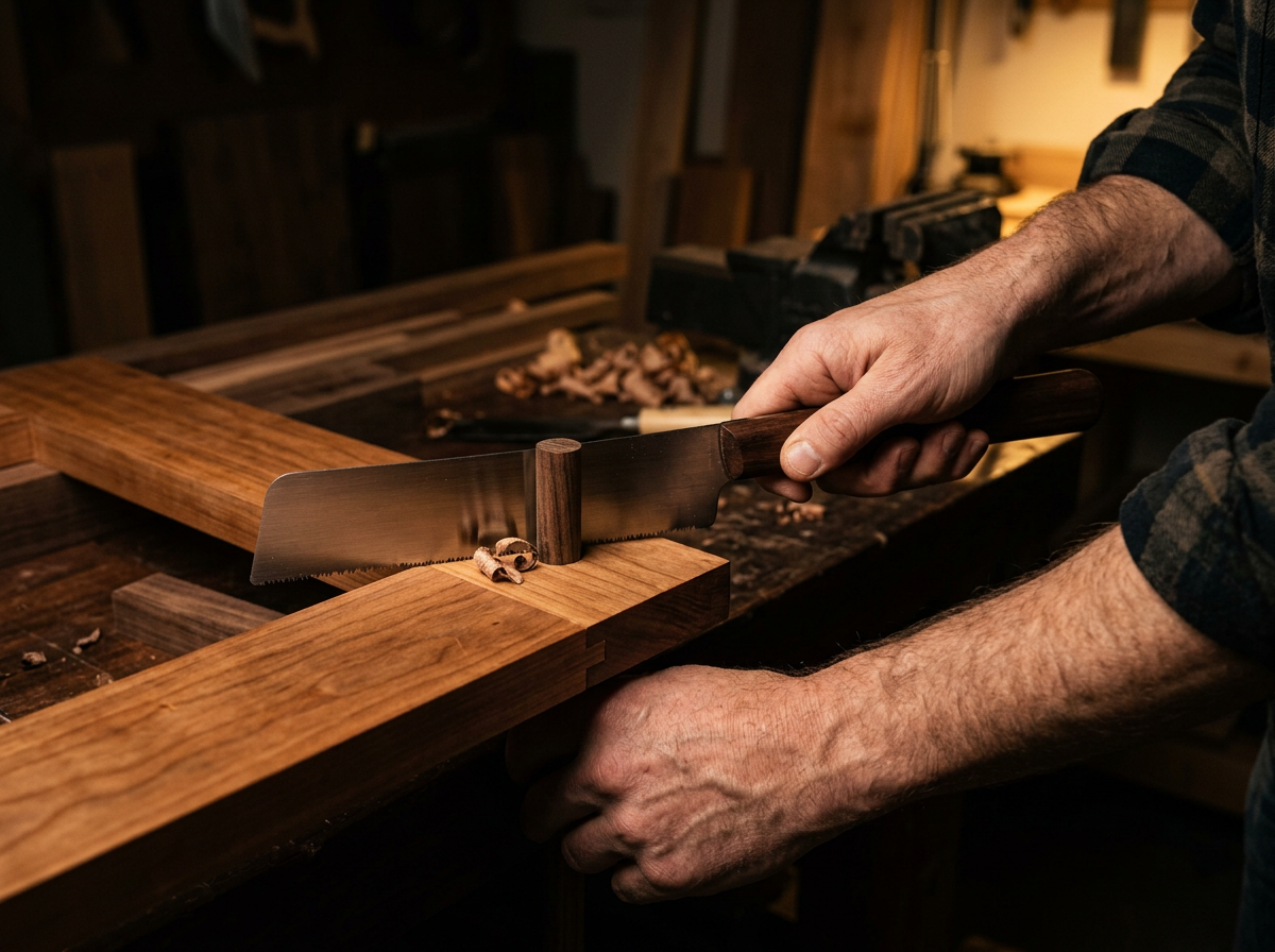 Flush-cut saw trimming a walnut dowel in a cherry cabinet face frame