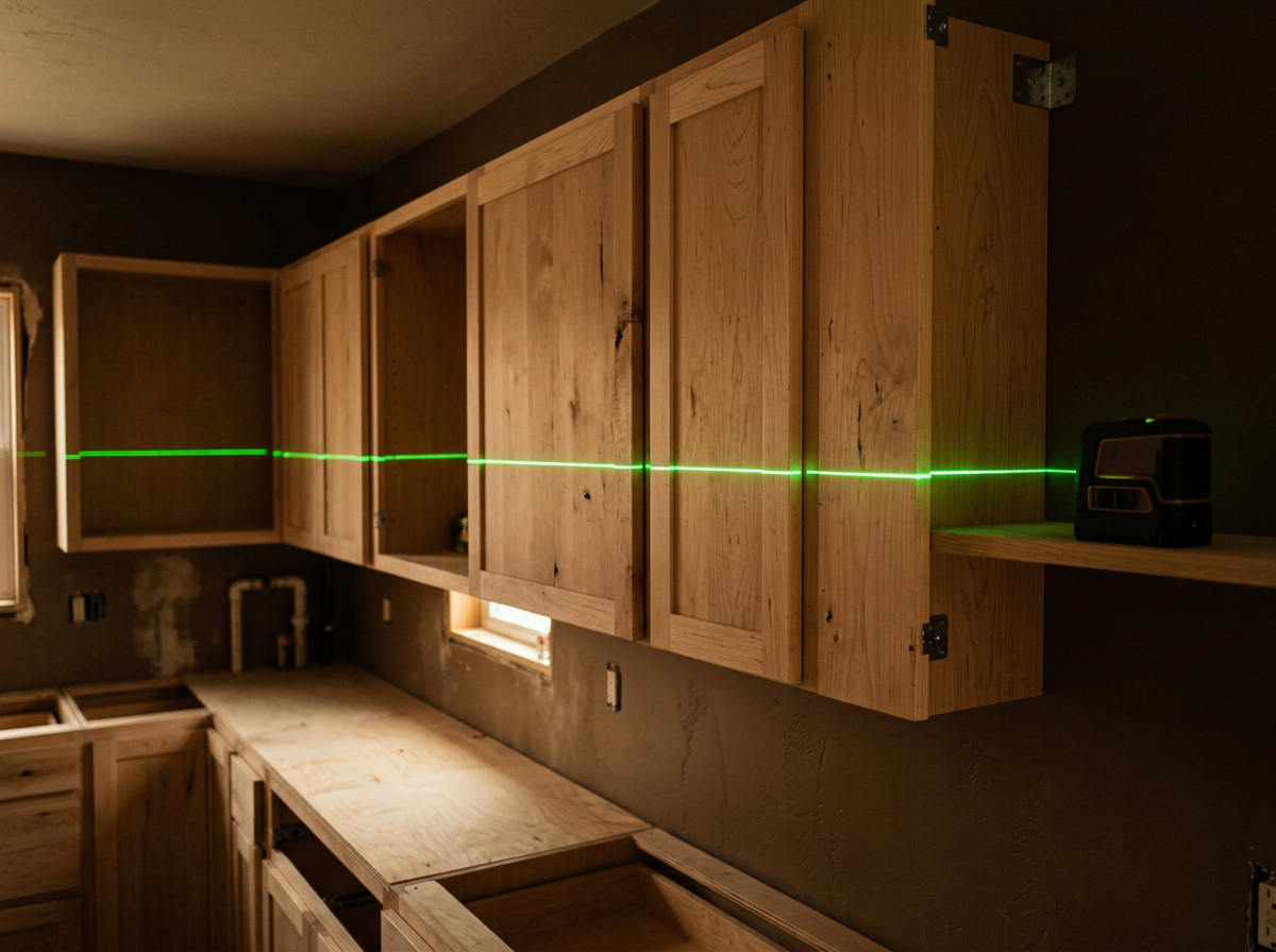 Laser level aligning custom maple cabinet boxes during installation