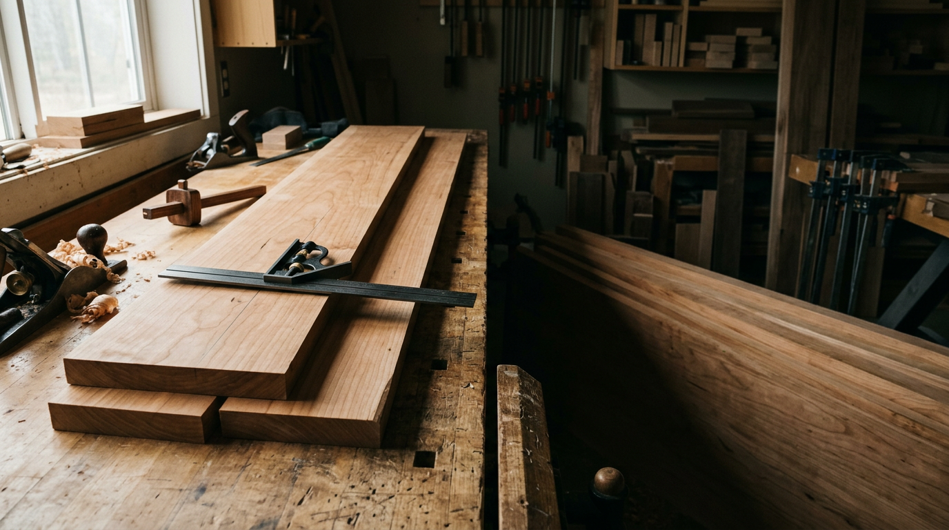 Combination square lying across freshly milled solid cherry cabinet boards on a workbench lit by shop window daylight