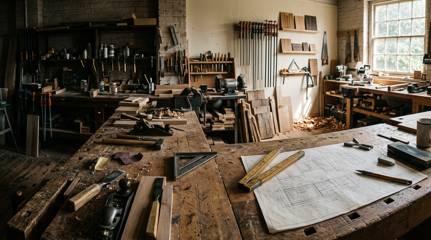 Wooden folding rule on a hand-drawn custom kitchen cabinetry plan at a workbench beside a bright shop window