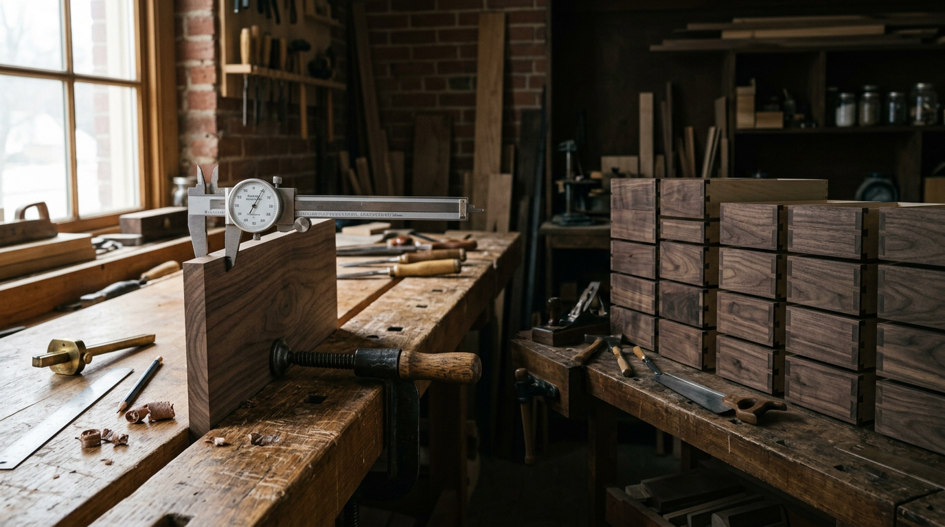 Dial caliper measuring the thickness of a walnut cabinet board with stacked dovetailed drawer boxes in shadow behind