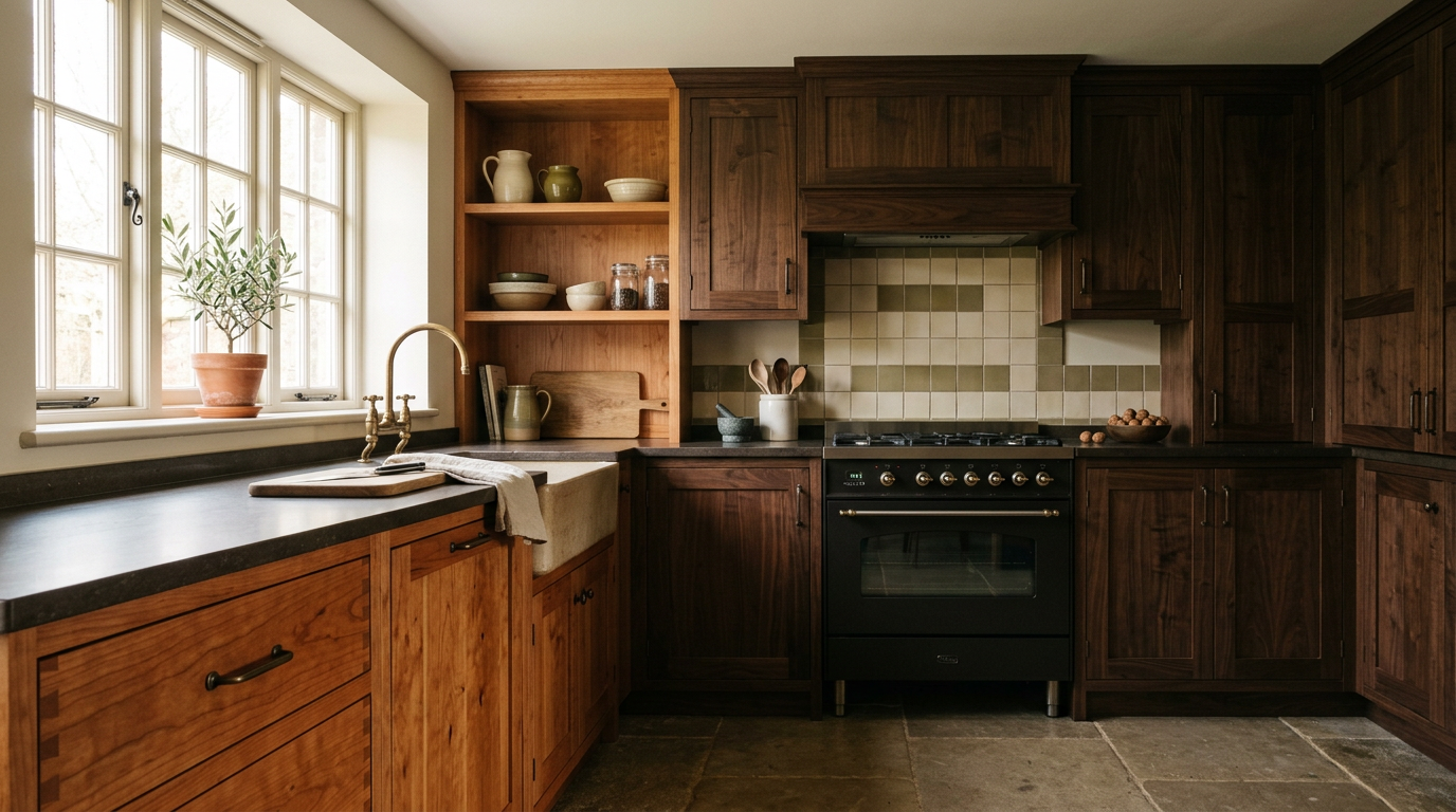 Finished custom kitchen with solid cherry and walnut cabinetry, dovetailed drawer fronts and dark stone countertops in window light