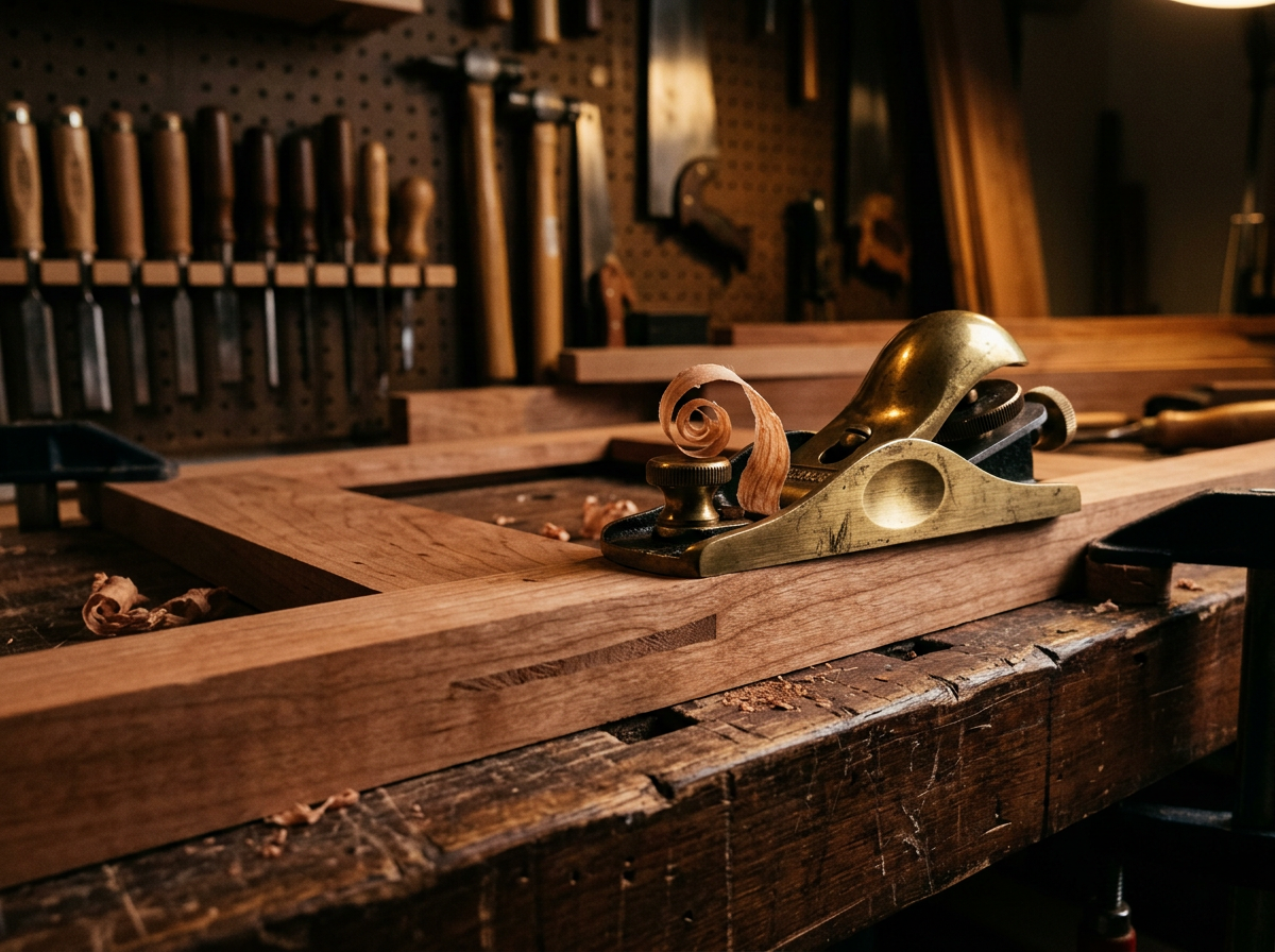 Block plane refining the edge of a solid cherry cabinet face frame