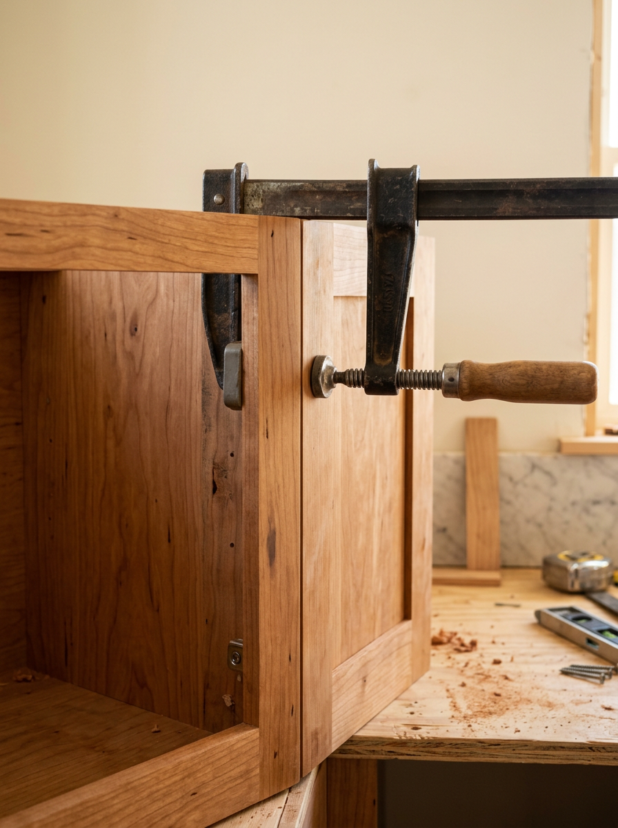 Face-frame clamp securing cherry cabinet boxes during final installation