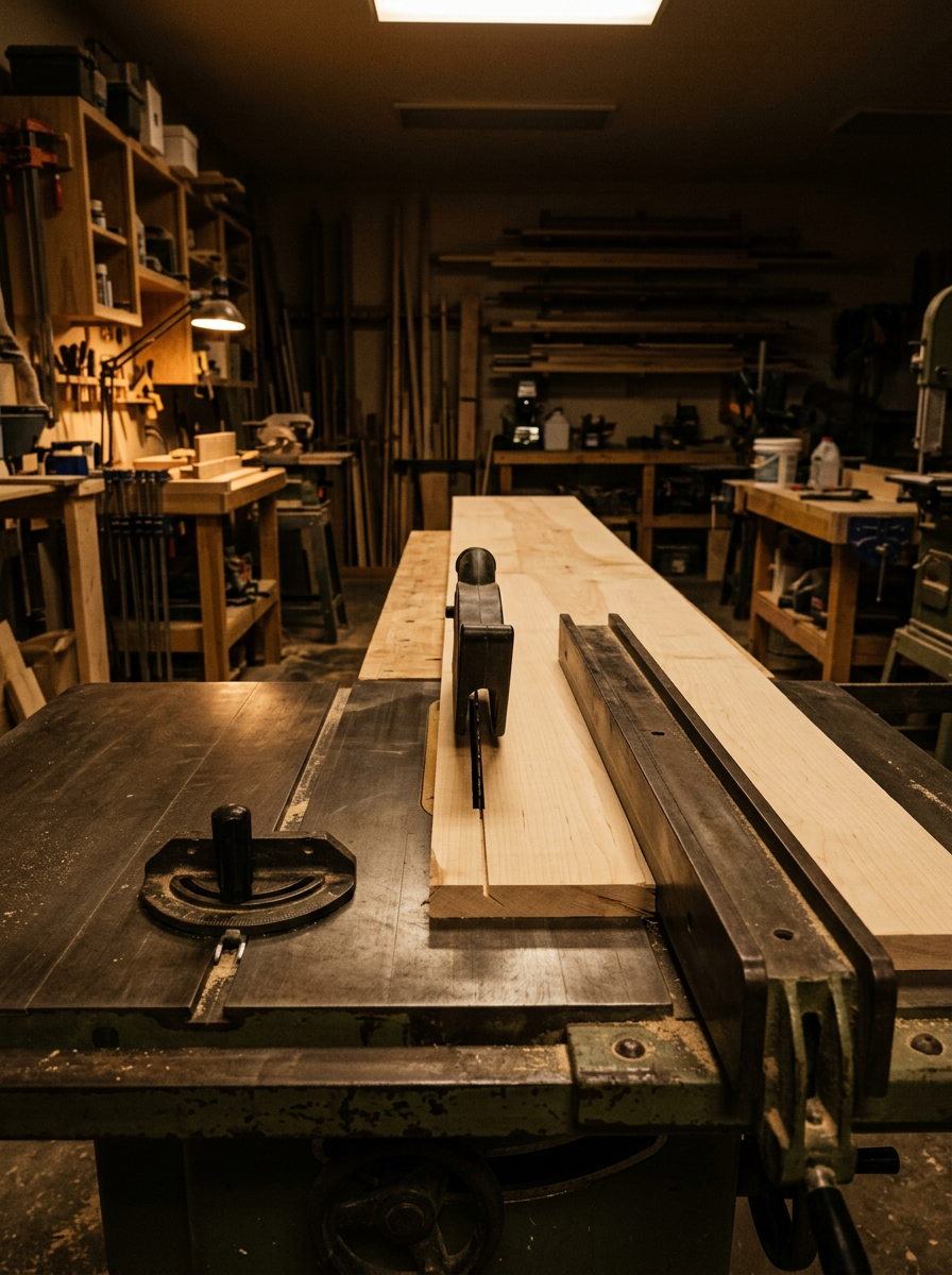 Table saw accurately ripping a maple board for custom cabinetry